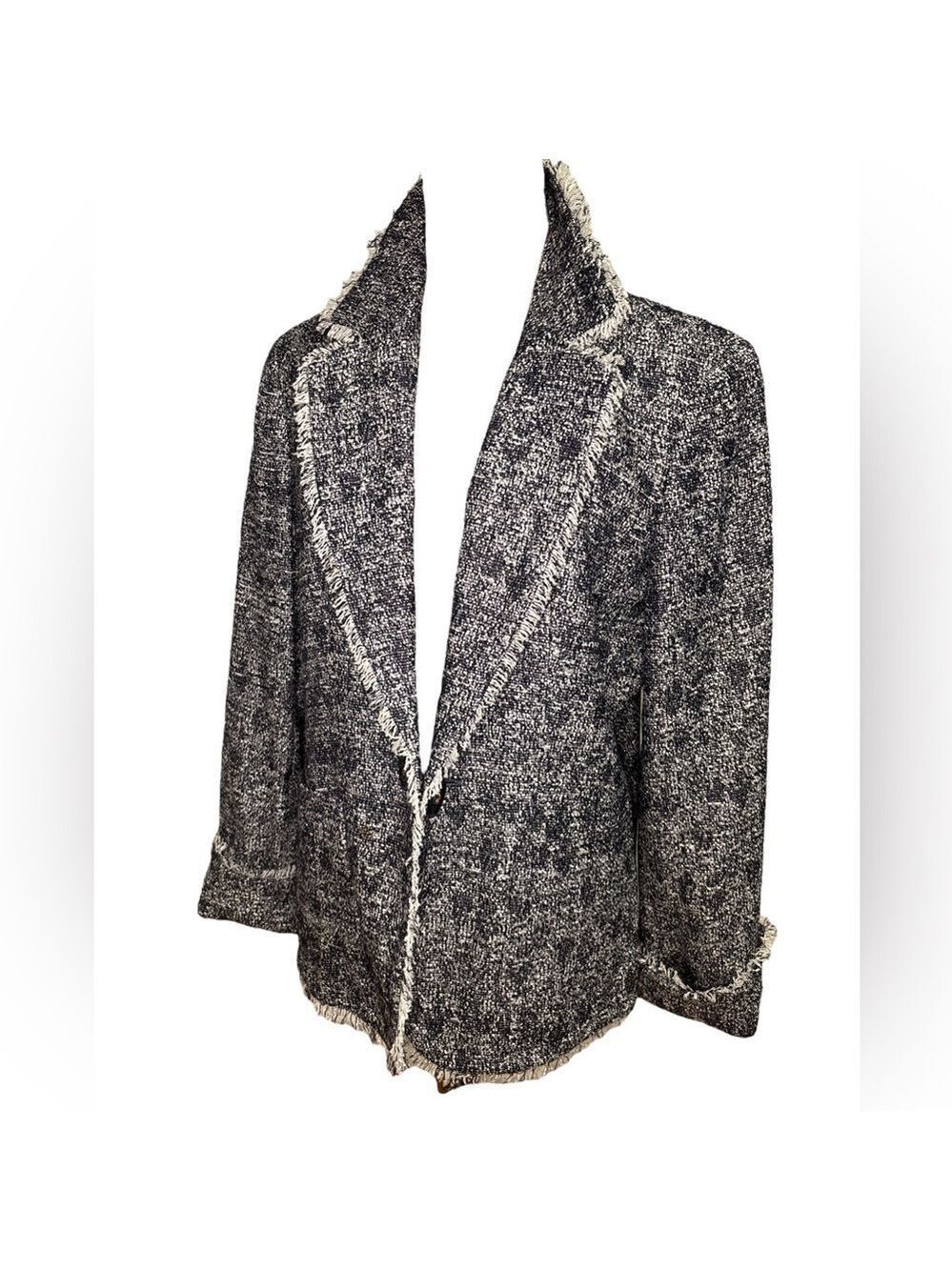 80s NAVY & WHITE SALT & PEPPER TWEED RELAXED FIT JACKET RAW FRINGE EDGE SZ 14